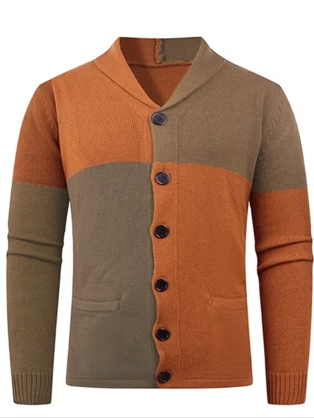 Men's Brown/Orange Colorblock Shawl Collar Knit Cardigan Button Pockets XL